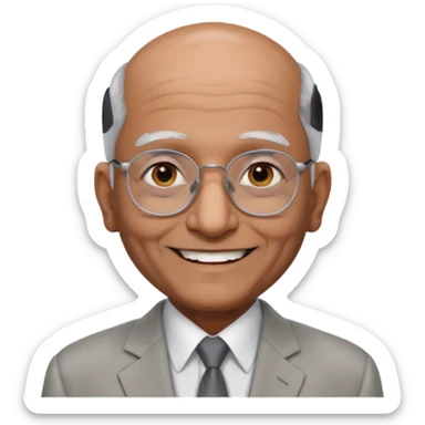 70 yr old indian man, almost bald, some white hair, light grey business suit, big smile, dark brown skin, no moustache, dark brown eyes, glasses
 sticker