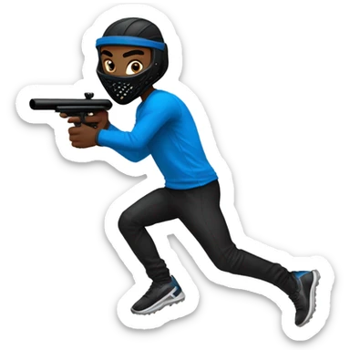 Brown skin paintball player wearing a black head band, blue long sleeve jersey, black pants, and running with a paintball gun in hand  sticker