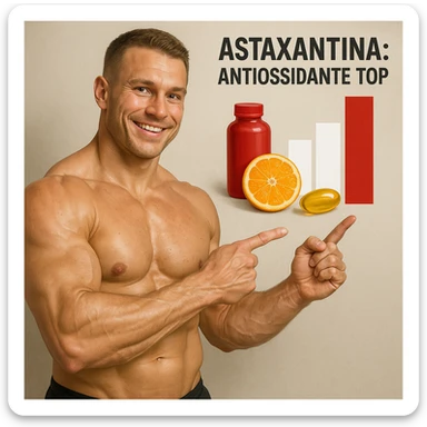 hyper realistic style positive atmosphere, defined muscles bodybuilder pointing at antioxidant power bar chart, red bottle, orange slice and golden capsule, text 'Astaxantina: antiossidante top', realistic details sticker