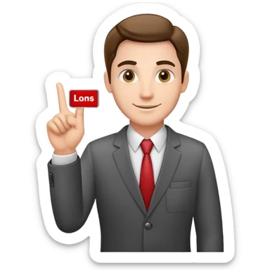 friendly salesman with a name tag, open hand gesture, business attire sticker