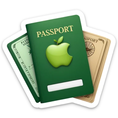 passport and airplane tickets, Apple emoji style, colors #173e12 and #c1a793, no text sticker