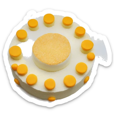 a round salted egg sponge cake on a white plate. The cake is topped with salted egg yolks, mayonnaise, pork floss, and cream cheese pieces, all arranged decoratively. sticker