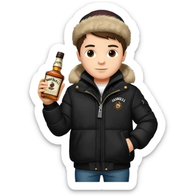 Junge mit Sturmhaube in der Rechten hand eine jacky flasche und schwarze winterjacke mit fell an der mütze 2 meter gross sticker