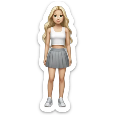 hyperrealist caucasian girl, long straight blonde hair, white sheer laced crop tanktop, grey micro skirt, grey and white sneakers sticker