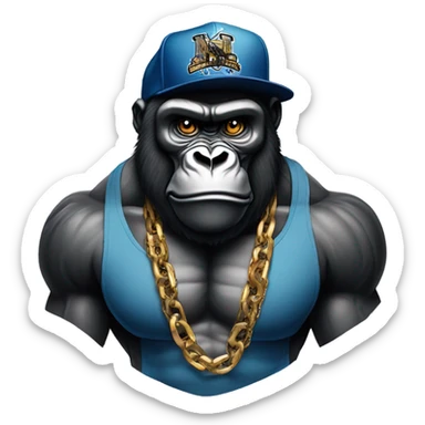 Gorilla head wearing a chain chest muscles and weearing a nyc fitted cap sticker