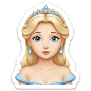 Cinematic Timeless Cinderella Portrait Emoji, rendered in a realistic, simplified vector style. Depict a classic Cinderella with delicate fair skin, beautifully styled blonde hair, and a calm, content expression, dressed in her iconic gown. The design is highlighted by a soft glowing outline and gentle, enchanting luminosity, capturing the essence of pure fairy-tale elegance. sticker