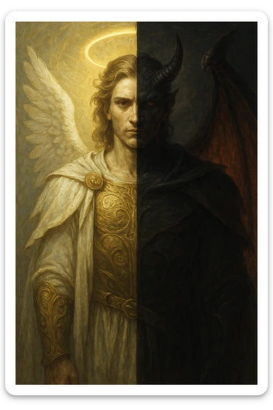 A character that is half demon and half angel, split down the middle, with one side angelic featuring a halo, white wing, and glowing aura, and the other side demonic with a horn, red wing, and dark aura, highly detailed, dramatic lighting, fantasy art style sticker