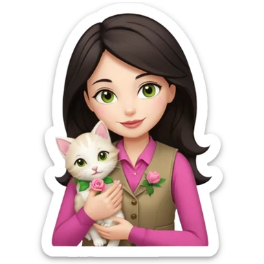 Make me an iphone avatar sticker of a woman with slightly brown black wavelength hair, dark brown eyes, slightly yellow white skin, pink lips, brown clothes and cream vest with a rose flower motif who is smiling and hugging a white kitten with green eyes. sticker