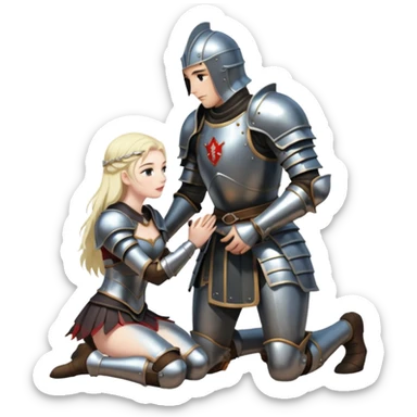 Armored knight kneeling before dark enchantress, erotic power shift sticker