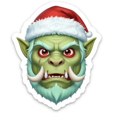Fantasy orc emoji portrait, Santa Claus hat stretched around tusks, tusks covered with ice and crimson frost cracks, cold predator expression, winter hunt atmosphere, minimal clean emoji design, male/female variant
 sticker