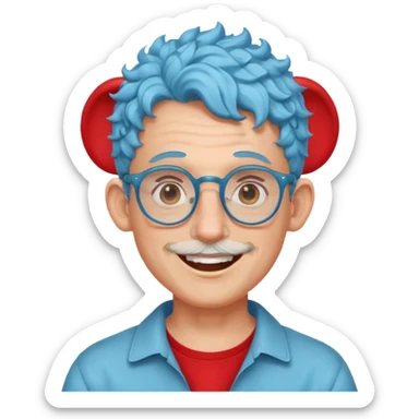 light blue haired man curly hair with big ears and red earrings and spectacles happy sticker