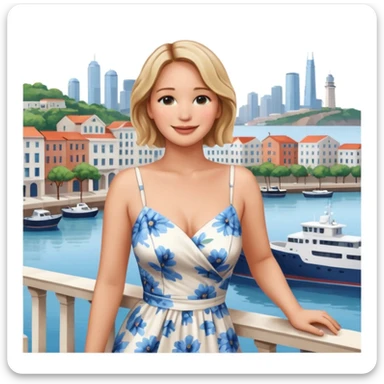 jennifer lawrence, closeup portrait , leaning on a balcony with a harbor and cityscape in the background, smiling sticker