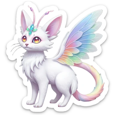 Pure-snow-White albino iridescent with pastel rainbow-gradients-color-markings with swirly patterns butterflies  faerie-Noivern-Noibat-Purloin-Torracat-Lykoi-Caracal-cat-Fakemon-fusion-hybrid-creature sticker
