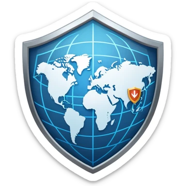 A secure VPN logo with shield, network connections and a globe sticker
