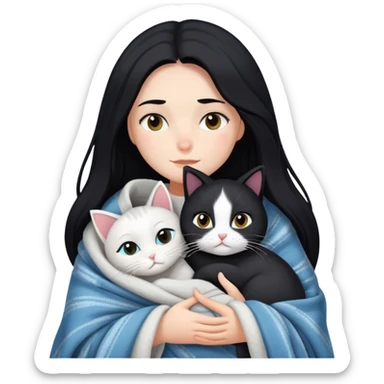 A fair-skinned girl with long black hair wrapped in a blanket hugging a black and white cat sticker
