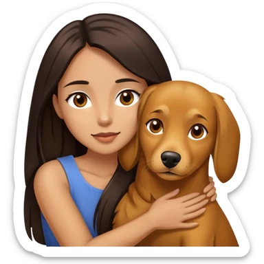 beautiful woman with dark long straight hair and brown eyes hugs a golden brown dog sticker