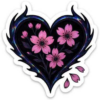 goth sakura heart, holographic foil, shimmering black and pink, iridescent gothic sticker