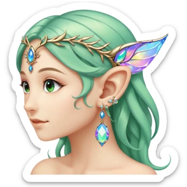 portrait of Elvish fae shiny sparkly iridescent translucent diaphanous ear climber ear cuff sticker