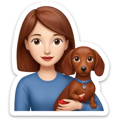 White woman with medium length brown hair holding a red dashound sticker