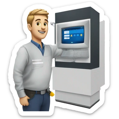 Technician installing monitor on exhibition stand sticker