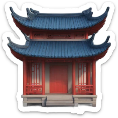 the front facade of a small Chinese-style house with a blue roof and red wooden structures sticker