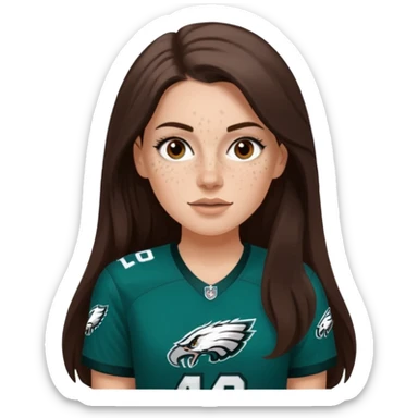 White girl with long dark brown hair and freckles wearring a Philadelphia eagles jersey sticker