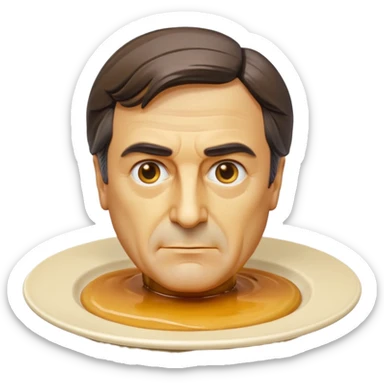 apple style emoji of a bust of François Fillon, entire head and face fully made of smooth creamy yellowish flan texture and color, no realistic skin, all features sculpted from flan, shiny caramel dripping as hair, placed on a round white plate sticker