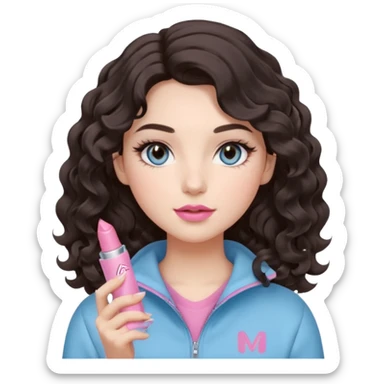 A girl with soft loose wavy curls (not tight), dark brown hair with natural volume, round-almond Douyin-style eyes with long curled lashes, cool-tone neutral makeup. She’s wearing a light-blue athletic outfit and holding a normal-size pink lipstick in one hand.. sticker
