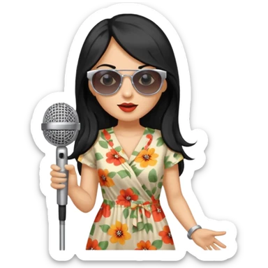 long haired woman with summer clothes and sun glasses holding microphone sticker