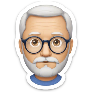 An older man with less gray hair and a short trimmed full beard, wearing round glasses sticker