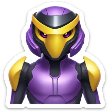 a shiny black-purple-yellow Genesect-Raptor-Fakémon—hybrid with a futuristic visor-helmet full bod sticker