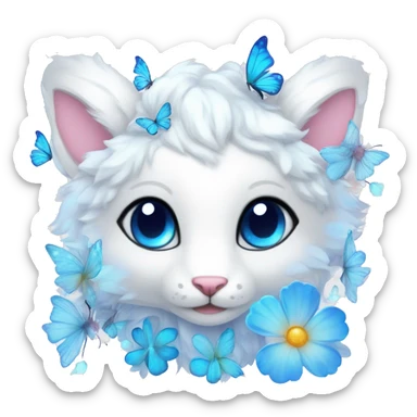 Edgy Cute Cool Kawaii gorgeous sparkly ethereal white fantasy animal creature with blue eyes sona with flowers and butterflies beautiful aesthetic sticker