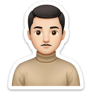 Create a memoji-style avatar of a young man with short black hair, well-defined eyebrows, and a light mustache. He wears a beige turtleneck sweater and has a neutral, confident expression. The style should be smooth, cartoonish, and Apple Memoji-like, with soft shading and clean lines






 sticker