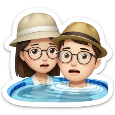 Chinese Girl without glasses and young white man with a hat and glasses brown hair playing pool, the white man is crying because he lost  sticker