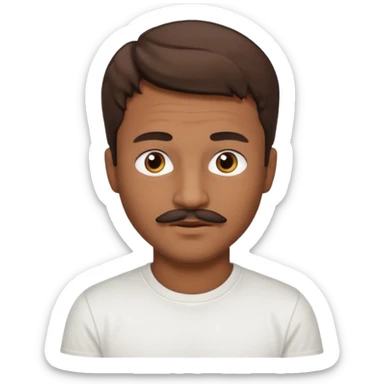 Homme brun cheveux court ondulé. Métisse. Yeux marrons très foncé. Avec t-shirt blanc avec une légère moustache  sticker