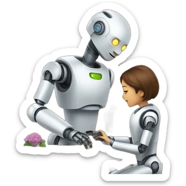 a robot play with a mom when she fixing it sticker
