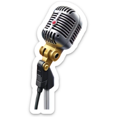 Create a vibrant and dynamic emoji that represents pop or stage vocal performance. The design should feature a close-up of a classic stage microphone (retro-style) with a lanyard, set against a stage background without people. Add concert lighting, a celebratory salute of confetti or fireworks in the background, and musical notes forming a ribbon, symbolizing the performance and creativity of pop vocals. Include subtle elements like a formal stage costume to emphasize the professional aspect. Use bright, bold colors like gold, red, and neon to reflect the energetic and glamorous nature of pop vocal performance. The background should be transparent. sticker