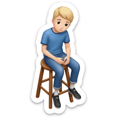 Generate a photorealistic image of a boy sitting on a stool. The scene is captured from a top-down perspective (bird's-eye view), looking directly down from above his head towards his feet. The background should be simple and clean. sticker