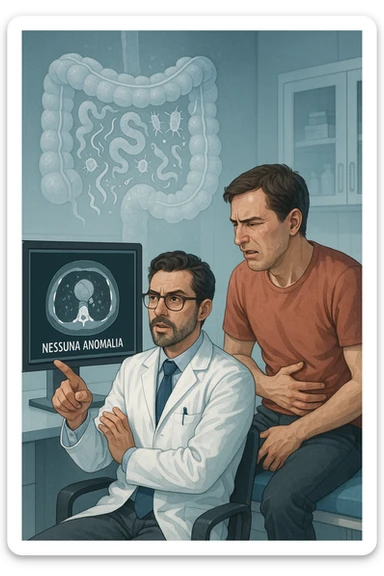 Medico in camice bianco in uno studio moderno, mentre osserva una TAC o ecografia su uno schermo con espressione convinta. Accanto a lui, un paziente seduto che lamenta dolori intestinali. Sullo sfondo, un’immagine traslucida dell’intestino pieno di piccoli parassiti stilizzati (vermi, protozoi), non visibili nel monitor medico. Il monitor mostra 'nessuna anomalia', ma dietro c’è la realtà invisibile. Atmosfera clinica ma con contrasto simbolico tra 'ciò che si vede' e 'ciò che sfugge'. Colori freddi, luce ospedaliera in italiano sticker