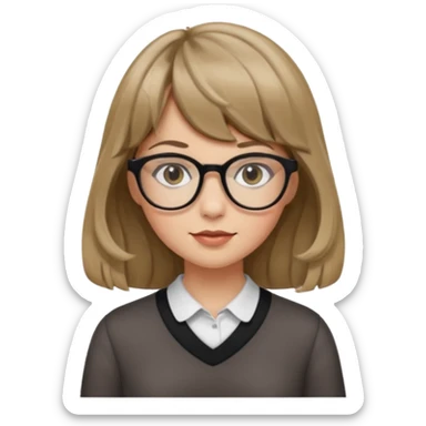 Uma garota de cabelo ondulado loiro escuro,mas com franja lisa e olhos pretos,usa óculos e a cor de pele branca,e o cabelo na cintura sticker