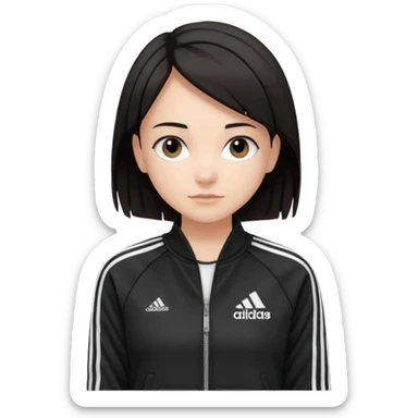 A girl with  medium length, dark hair, fair skin. The style is a soft, layered cut that falls around her shoulders. wore black Adidas track jacket with white stripes on the sleeves. It has a full zipper down the front, a stand-up collar, and the Adidas logo on the right chest emoji sticker