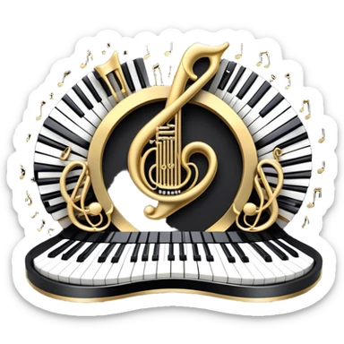 Create an elegant and festive emoji collage representing keyboard instruments, styled like a heraldic emblem. The design should feature a central focal point of black and white piano keys, arranged in a semi-circular or shield-like shape. Around the piano keys, add intertwining musical notes that form flowing ribbons, creating a dynamic and celebratory atmosphere. The design should be professional, with polished silver and gold accents on the keys and notes, highlighting the luxury and sophistication of the instruments. Add subtle shading and lighting effects to give the design a refined, 3D appearance. The background should remain transparent, and the overall feel should evoke grandeur, artistry, and a sense of celebration. sticker