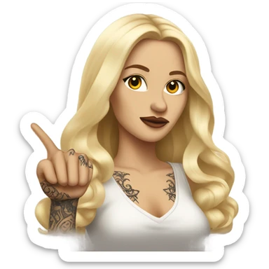 Blonde elegant women with LONG HAIR, her Body Covered with Tattoos, POINTING YOU FORWARD with her HAND with INDEX FINGER, Hyper Realistic sticker