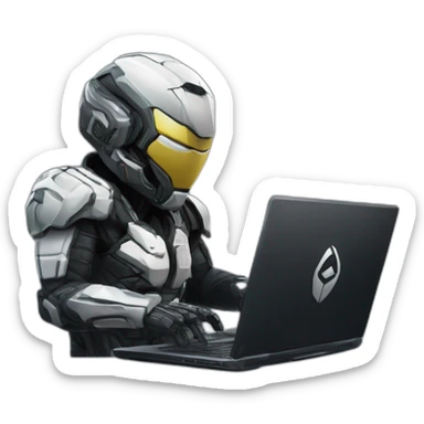 Side view developer behind his laptop with this style : Crytek Crysis Video game with nanosuit hacker themed character sticker