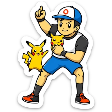 Hot handsomeb muscular 6ft tall smiling happy clean shaven Ash Ketchum playing football with Pikachu sticker