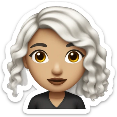 Girl with black curly hair with ice blonde balage with brown eyes and red lips with plack top and round cheeks but a bit of a slender face sticker