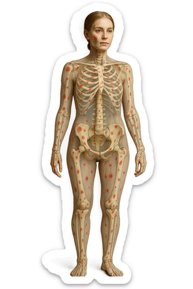donna realistica a figura intera con red spot sparsi alle ossa, ossa del corpo visibili sul corpo, non sul volto iperrealistico 4k sticker
