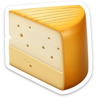 wedge of Morbier cheese with pale yellow semi-soft interior divided by thin horizontal line of vegetable ash, smooth elastic texture, slightly glossy surface, natural beige rind, dark ash stripe visible across center, soft lighting, subtle shadows, emoji scale sticker
