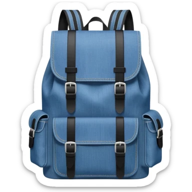 An emoji-style blue denim backpack with a flap top. Two short black buckle straps are attached only at the top flap, not extending to the bottom. The front is clean with no pockets or extended straps. The backpack has two side pockets. 


 sticker