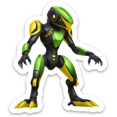 a shiny black-yellow-green Genesect-Raptor-Fakémon—hybrid with a futuristic visor-helmet full body sticker